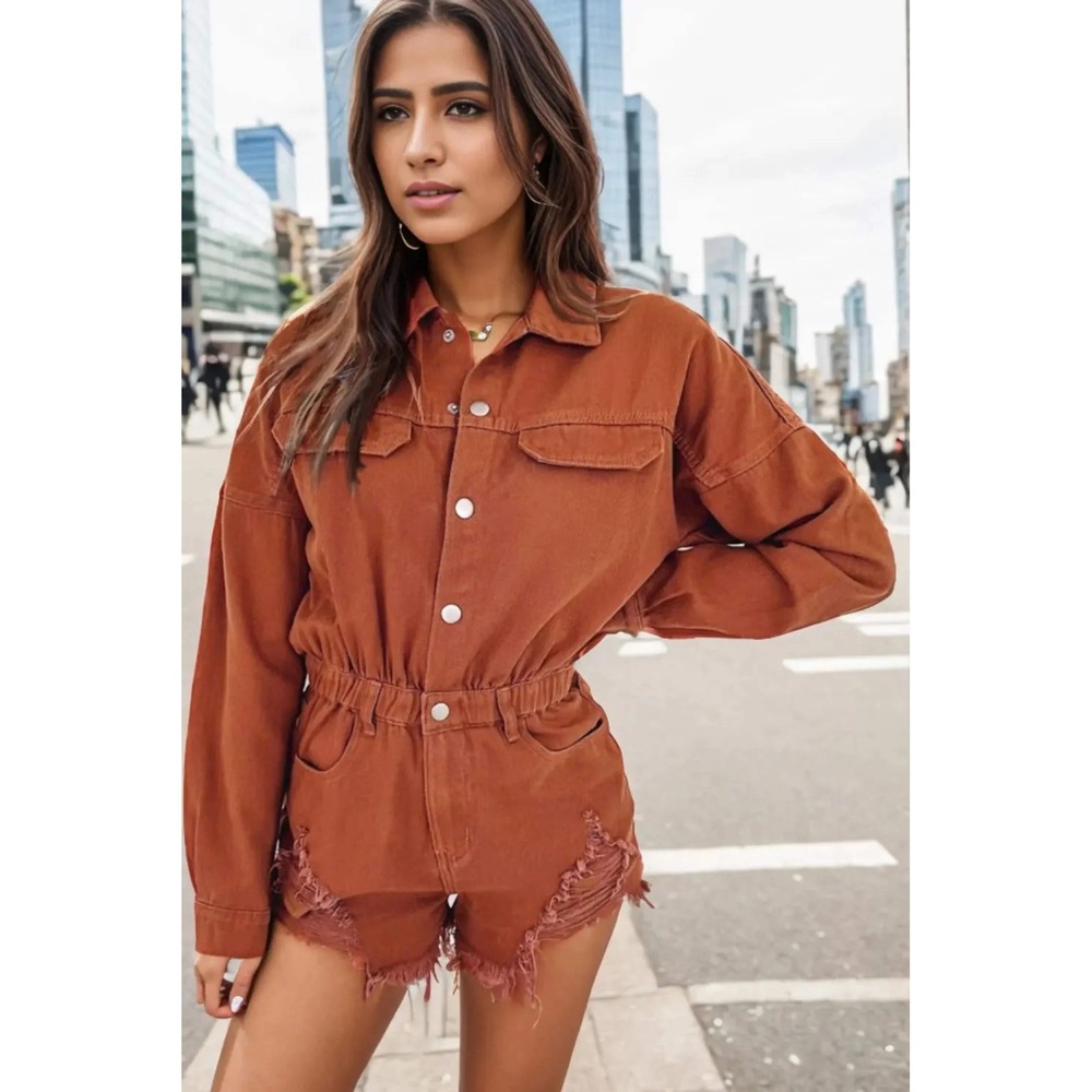 Idem Ditto Distressed Denim Romper Rust‎ Orange Long Sleeve Snap Button - Size M